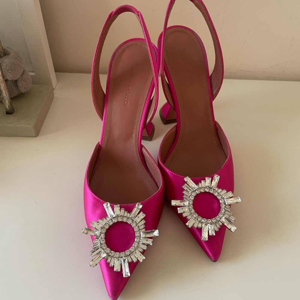 Amina Muaddi pink satin heels